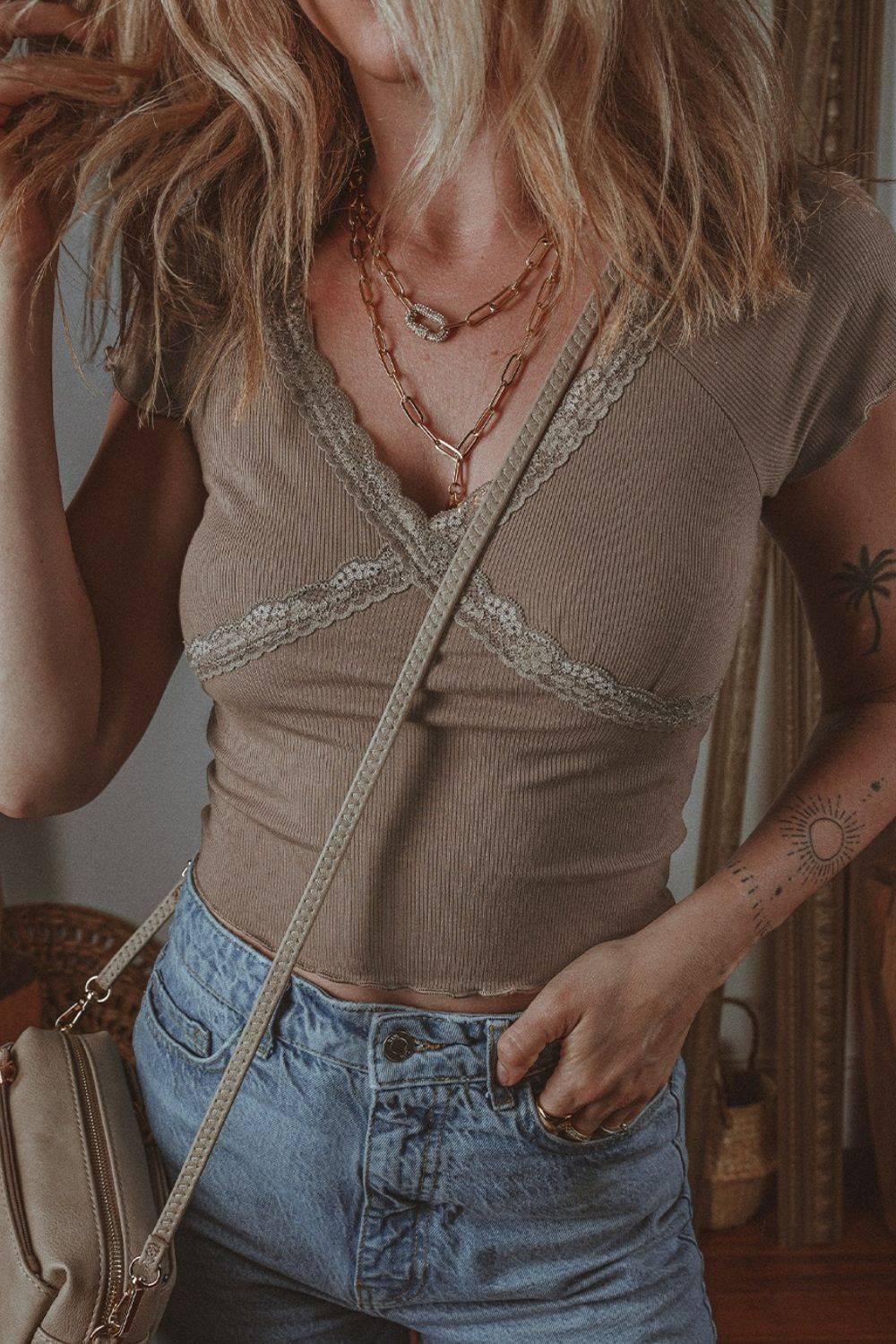 Lace Splicing Crisscross Slim V Neck T Shirt - Clothes For Her Online Store