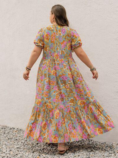 Plus Size Printed V-Neck Short Sleeve Maxi Dress - Clothes For Her Online Store