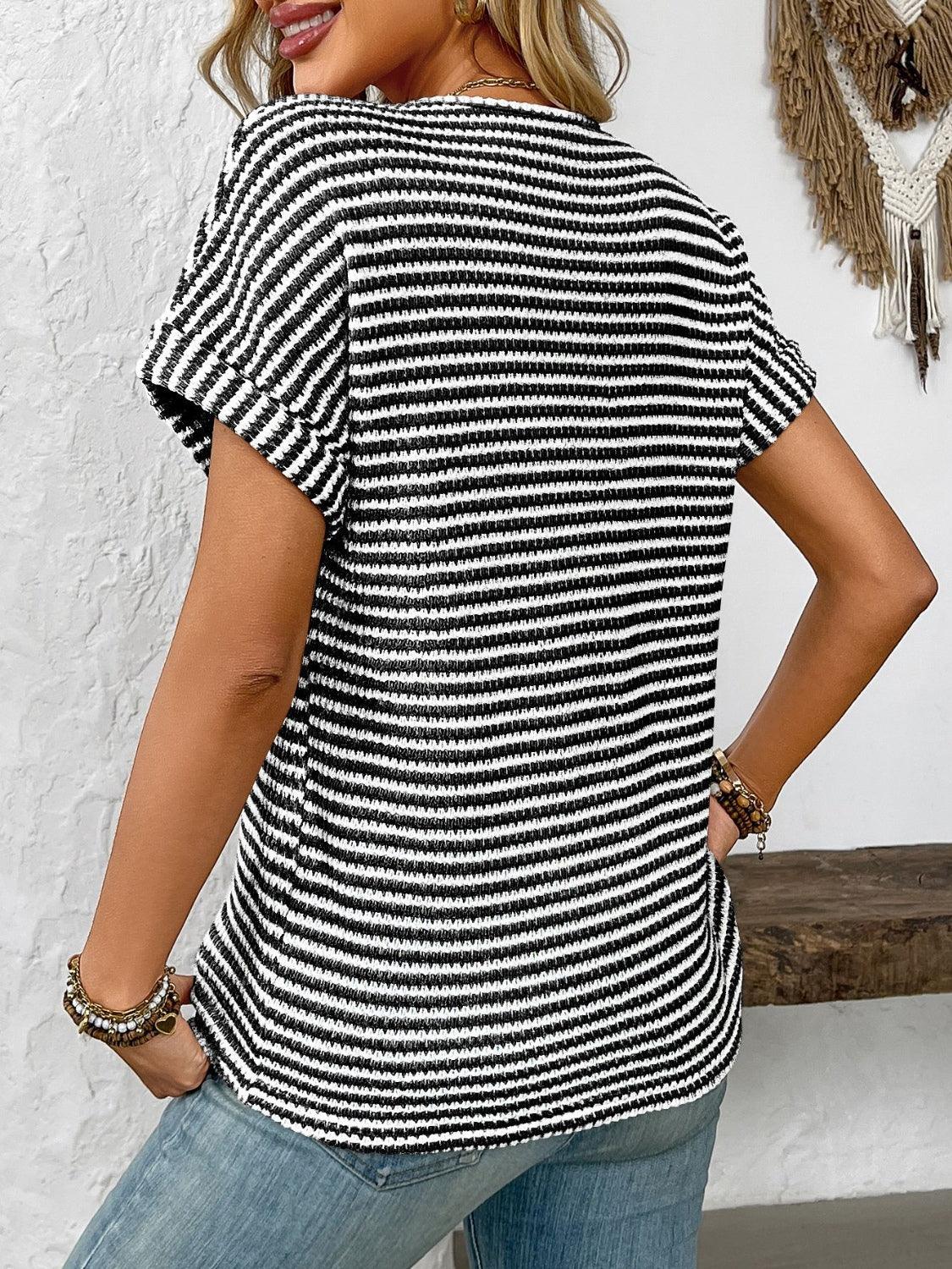 Striped Notched Short Sleeve T-Shirt - Clothes For Her Online Store