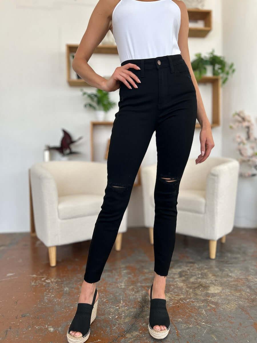Judy Blue Full Size Distressed Tummy Control High Waist Skinny Jeans - Clothes For Her Online Store