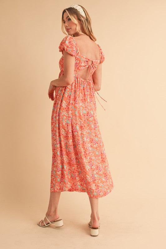 Aemi + Co Cutout Back Floral Square Neck Puff Sleeve Midi Dress - Clothes For Her Online Store