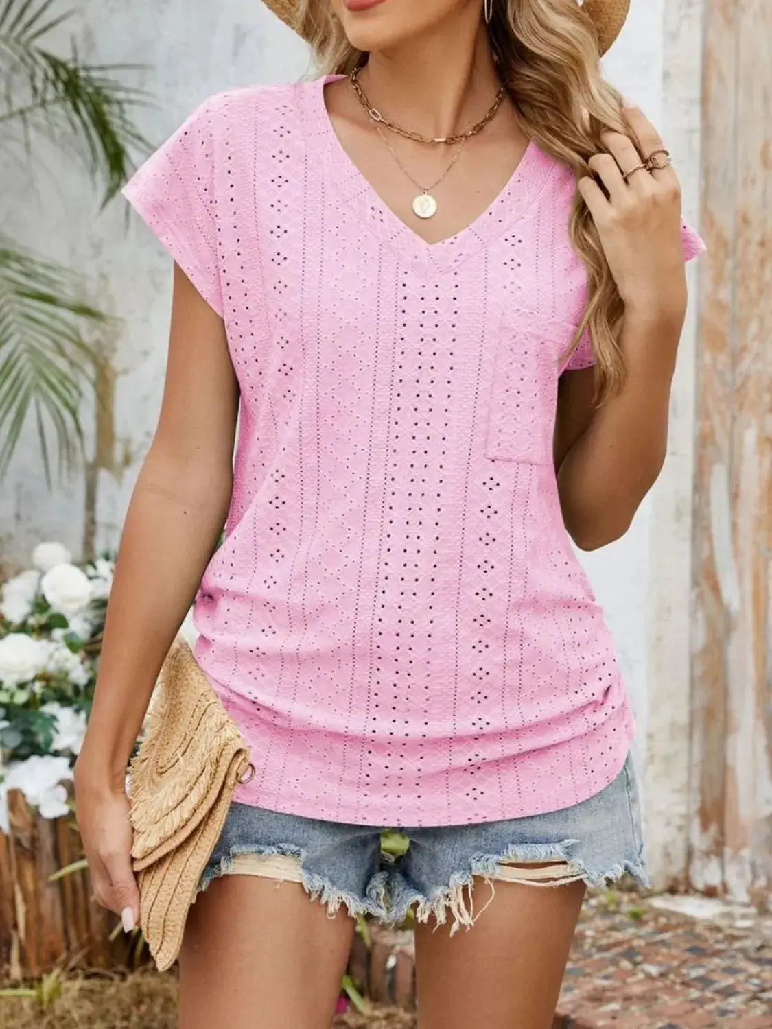 Eyelet V-Neck Short Sleeve Top - Clothes For Her Online Store