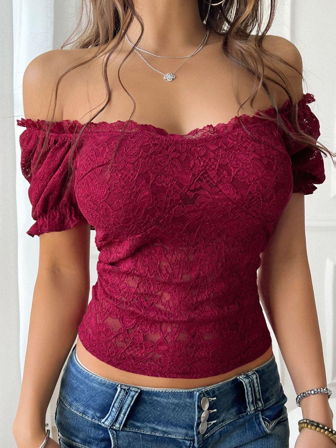 Devine Off-Shoulder Short Sleeve Lace Top - Clothes For Her Online Store