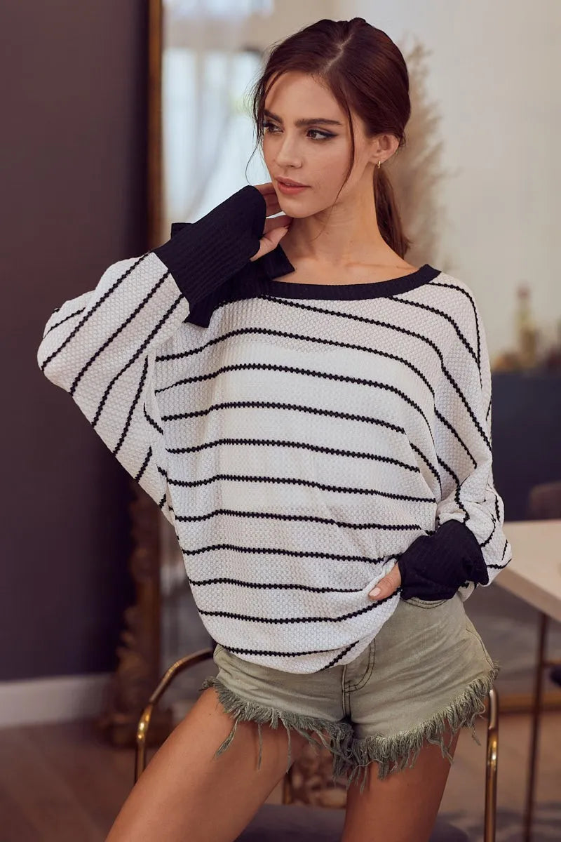 BiBi Stripe Yarn Dye Waffle One Shoulder Ribbon Detail Top