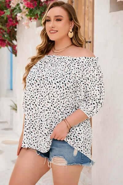 Plus Size Printed Off-Shoulder Half Sleeve Blouse - Clothes For Her Online Store