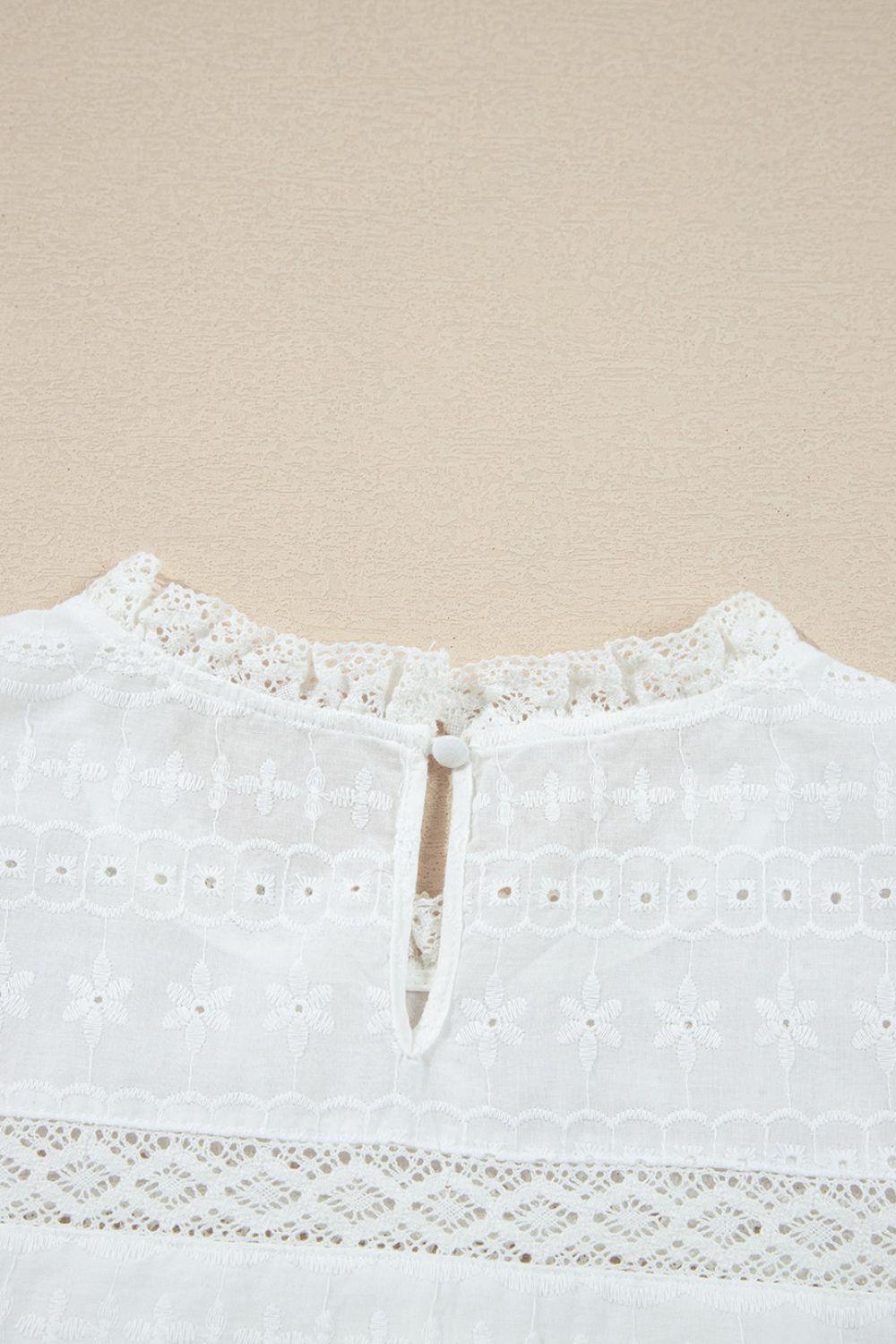 Lace Round Neck Flutter Sleeve Eyelet Blouse - Clothes For Her Online Store