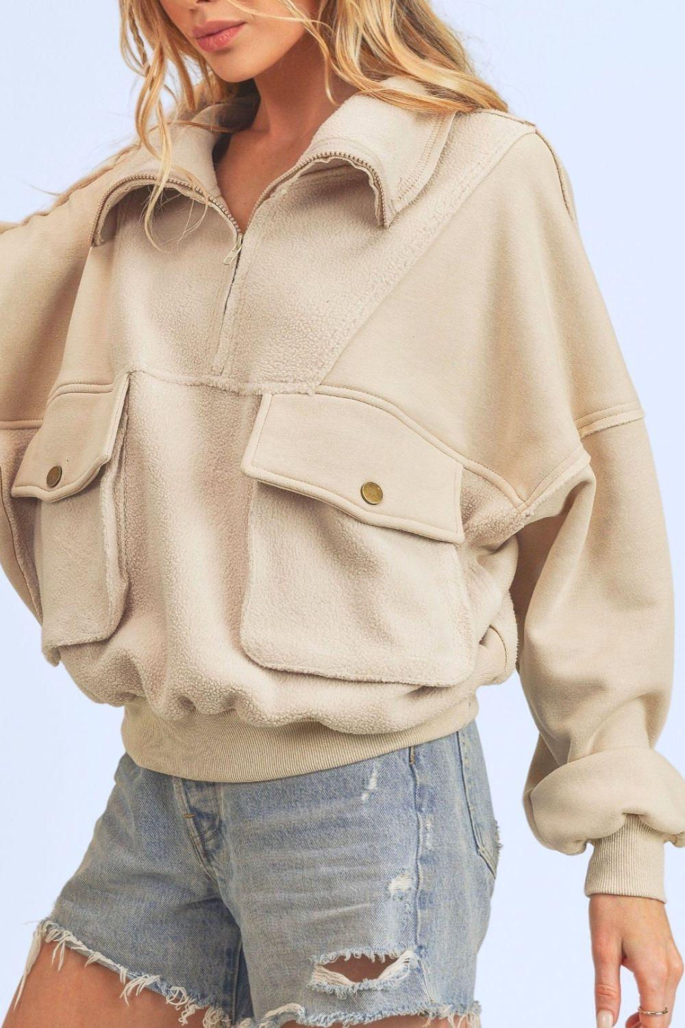 Aemi + Co Exposed Seam Half Zip Sweatshirt with Pockets - Clothes For Her Online Store