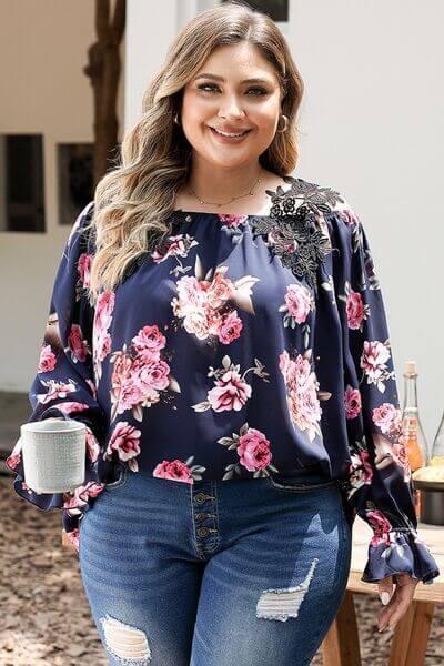 Plus Size Floral Flounce Sleeve Blouse - Clothes For Her Online Store