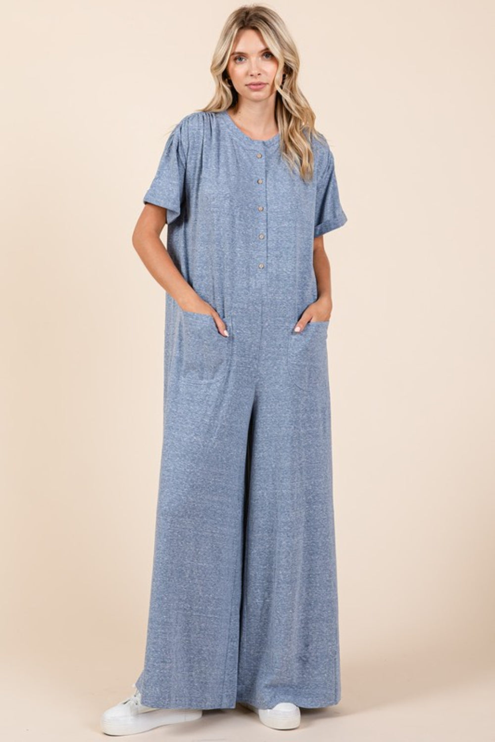 Mittoshop Button Detail Short Sleeve Wide Leg Jumpsuit - Clothes For Her Online Store