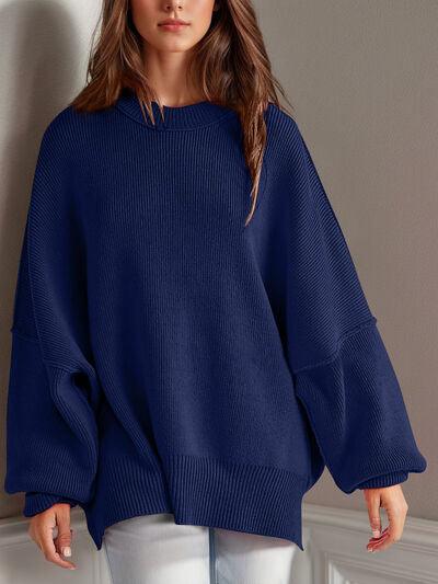 Double Take Side Slit Round Neck Long Sleeve Sweater - Clothes For Her Online Store