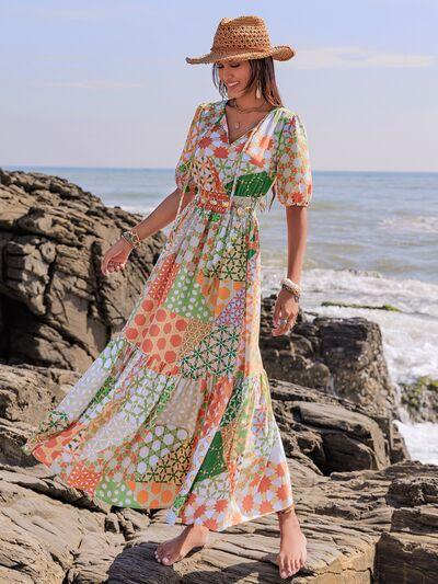 Printed Smocked Waist Short Sleeve Maxi Dress - Clothes For Her Online Store