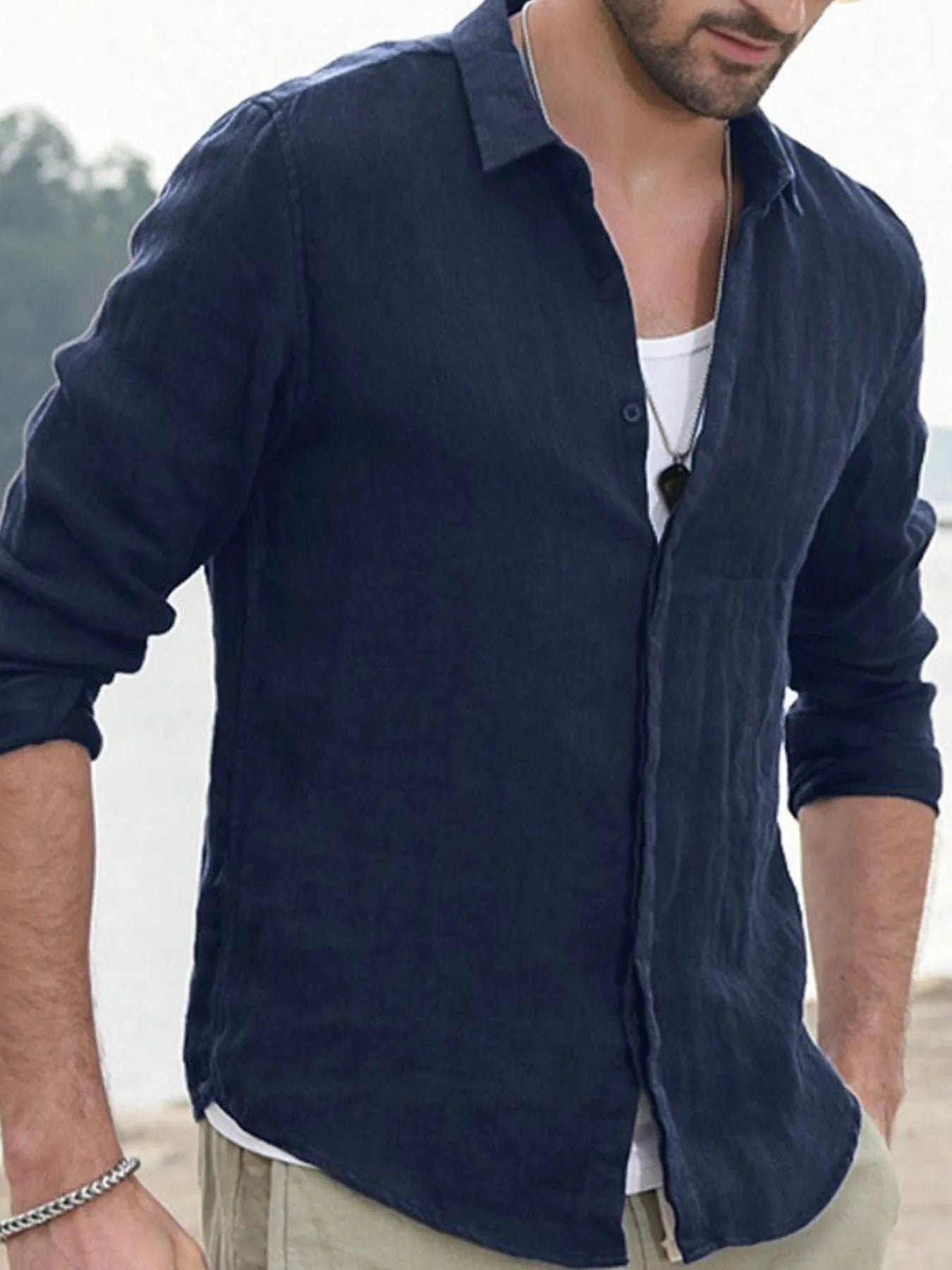 Men's Full Size Casual Linen Long Sleeve Shirt Plus Size