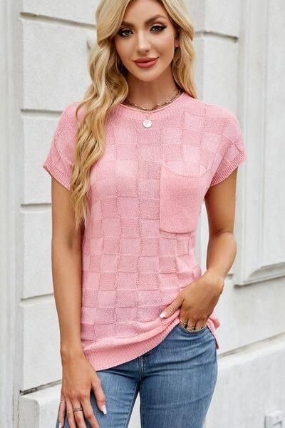 Checkered Round Neck Short Sleeve Knit Top - Clothes For Her Online Store