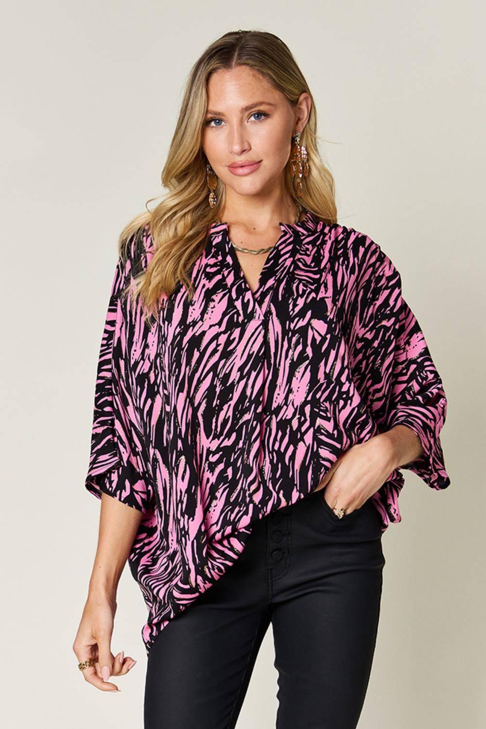 Double Take Full Size Printed Notched Three-Quarter Sleeve Blouse - Clothes For Her Online Store