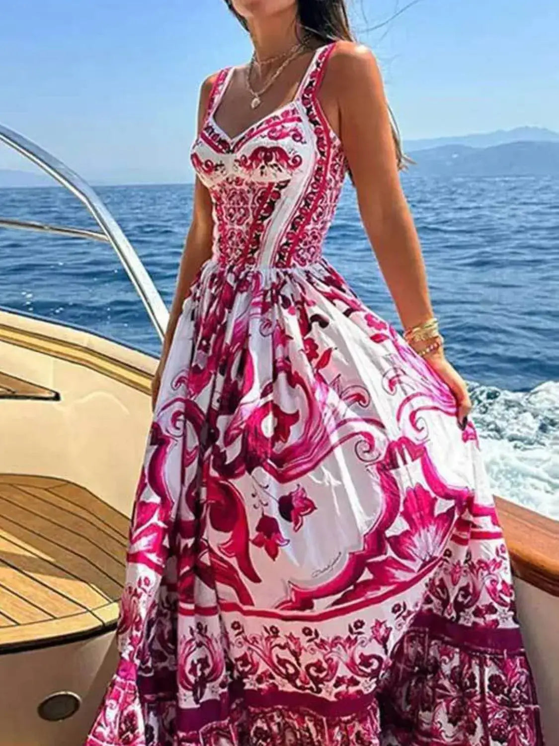 Smocked Printed Wide Strap Dress