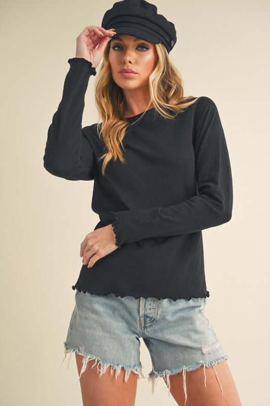 Aemi + Co Lettuce Hemline Round Neck Raglan Sleeve T-Shirt - Clothes For Her Online Store
