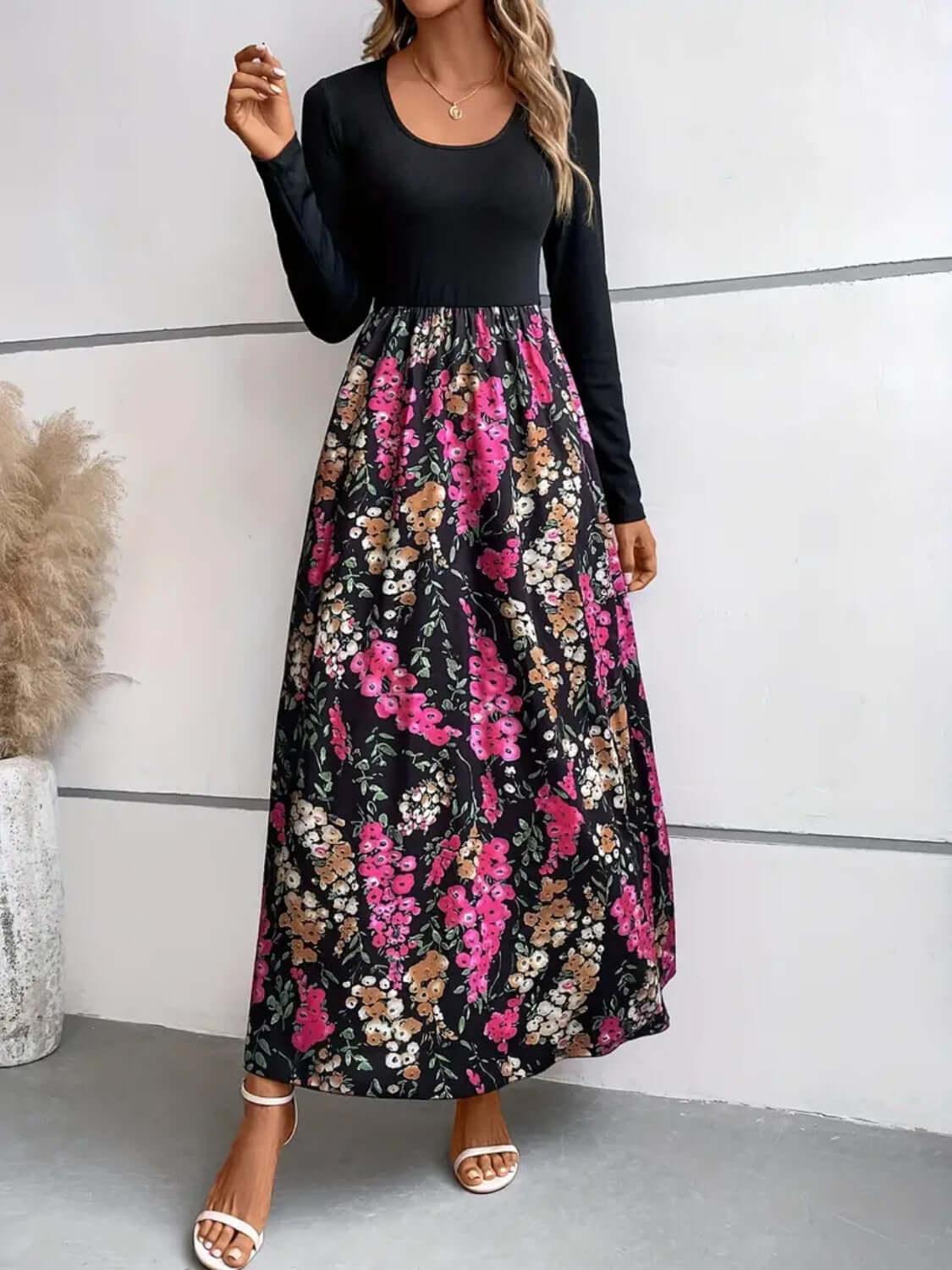 Floral Round Neck Long Sleeve Maxi Dress - Clothes For Her Online Store