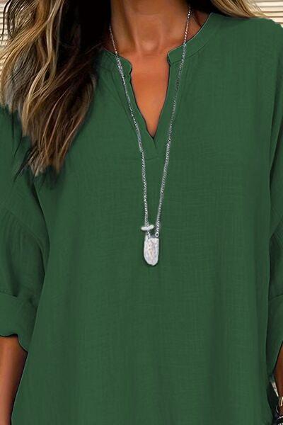 Solid Color Notched Long Sleeve Blouse - Clothes For Her Online Store