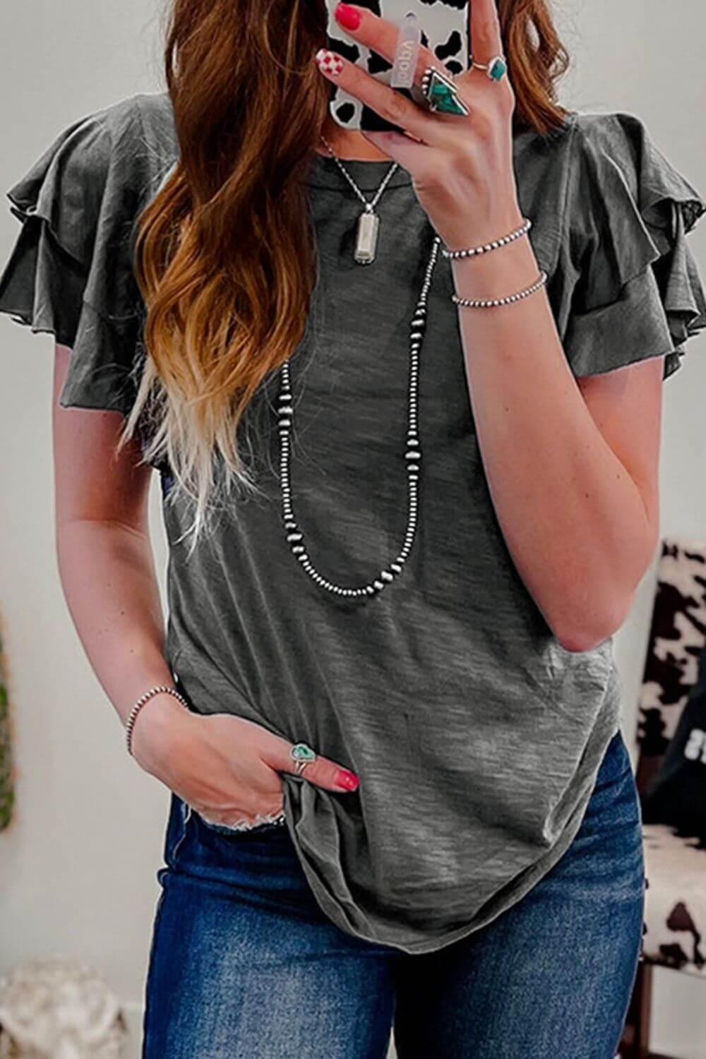 Round Neck Layered Short Sleeve Top - Clothes For Her Online Store
