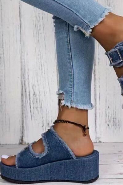Raw Hem Wedge Buckle Sandals - Clothes For Her Online Store