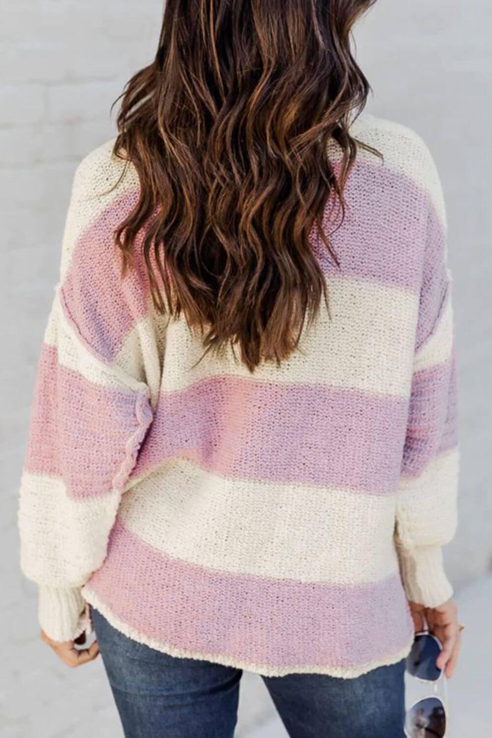 Striped Half Button Ribbed Sweater - Clothes For Her Online Store