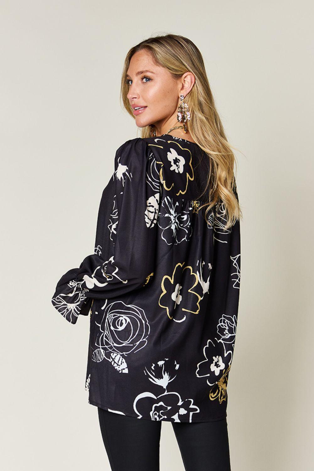 Double Take Full Size Printed Flounce Sleeve Blouse - Clothes For Her Online Store