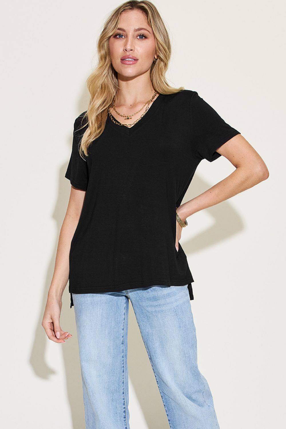 Basic Bae Full Size V-Neck High-Low T-Shirt - Clothes For Her Online Store