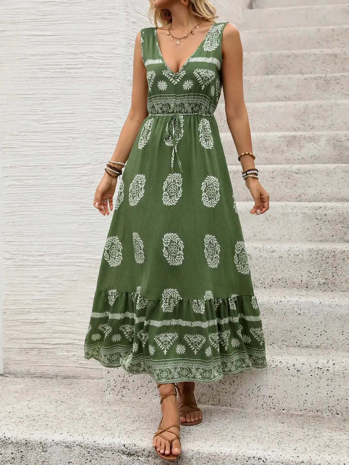 Printed V-Neck Sleeveless Dress - Clothes For Her Online Store