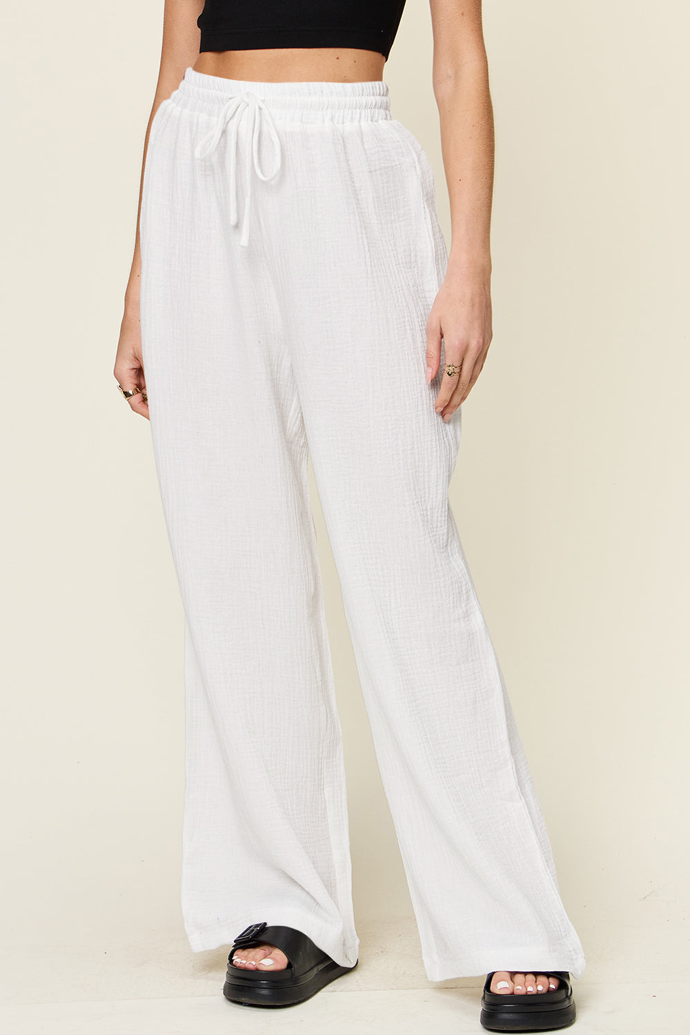 Double Take Full Size Texture Drawstring Wide Leg Pants - Clothes For Her Online Store