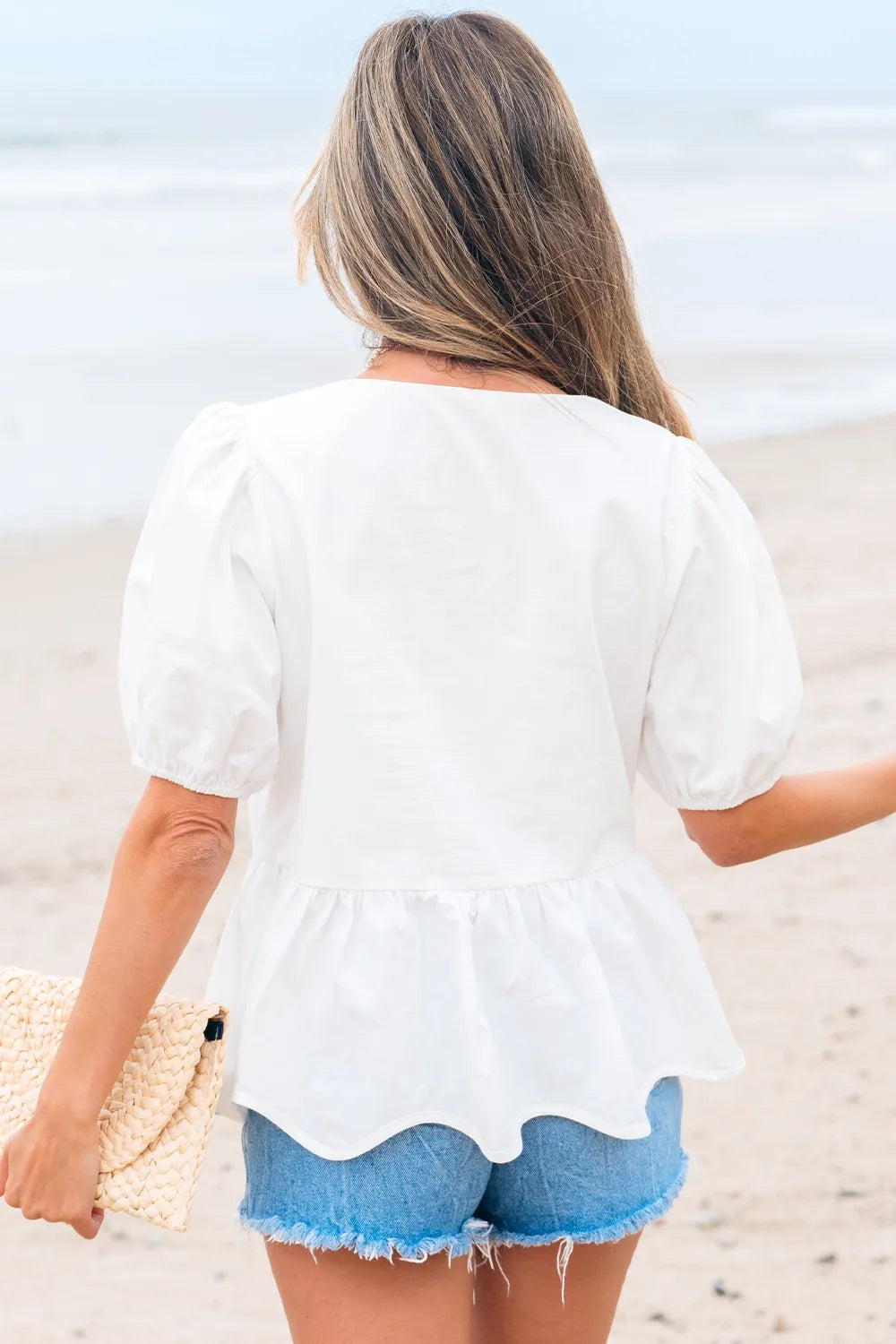 Bow Knot Decor Square Neck Puff Sleeve Peplum Top