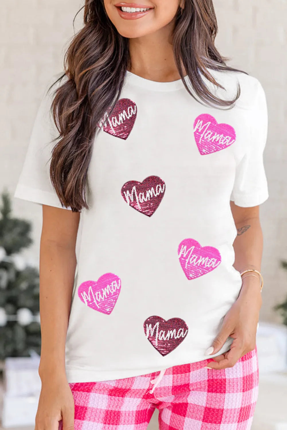 MAMA Heart Shape Sequin Patched Crew Neck T Shirt
