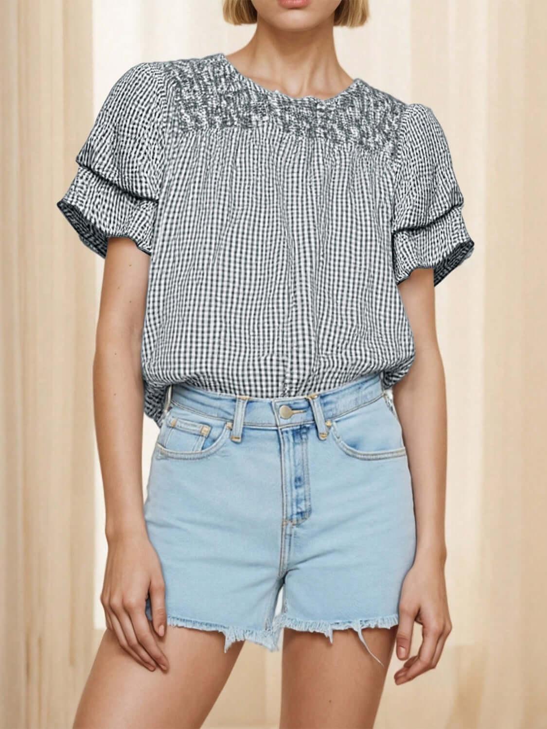 Smocked Plaid Round Neck Layered Short Sleeve Blouse - Clothes For Her Online Store