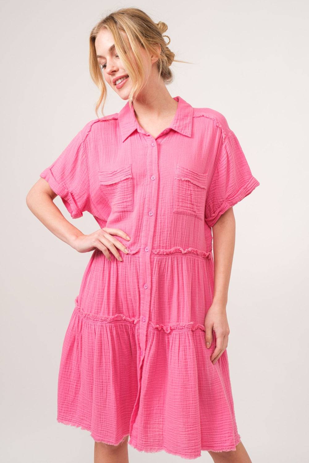 And The Why Full Size Raw Edge Washed Tiered Shirt Dress - Clothes For Her Online Store