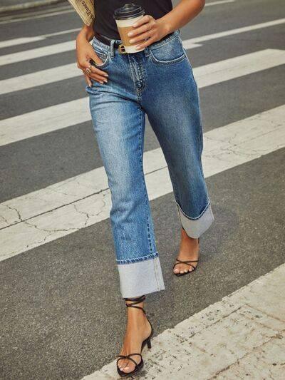 High Waisted Straight Leg Rolled Jeans - Clothes For Her Online Store