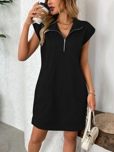 Texture Half Zip Cap Sleeve Mini Dress - Clothes For Her Online Store