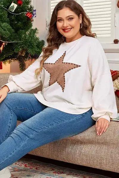 Plus Size Studded Star Round Neck Long Sleeve Blouse - Clothes For Her Online Store