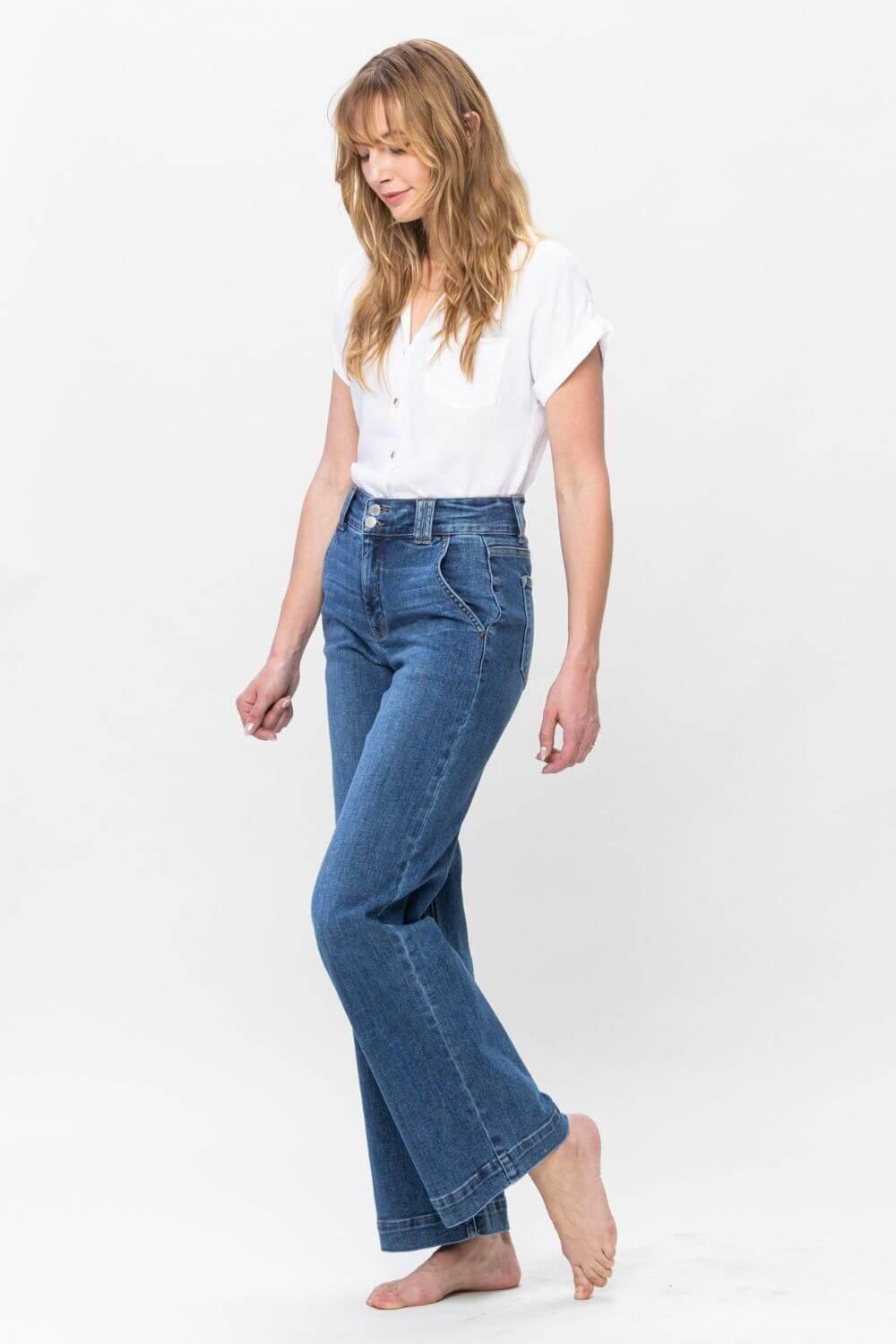 Judy Blue Full Size Double Button Wide Leg Jeans - Clothes For Her Online Store