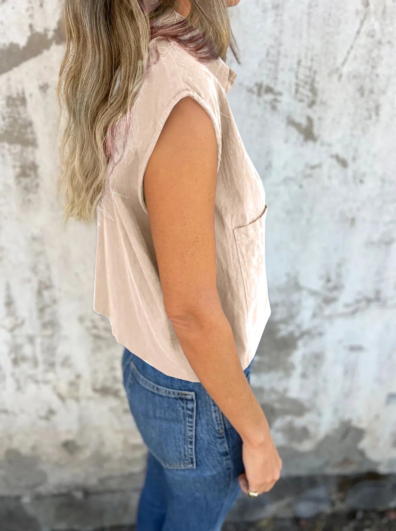 Full Size Button Down Cap Sleeve Linen Shirt Plus Size