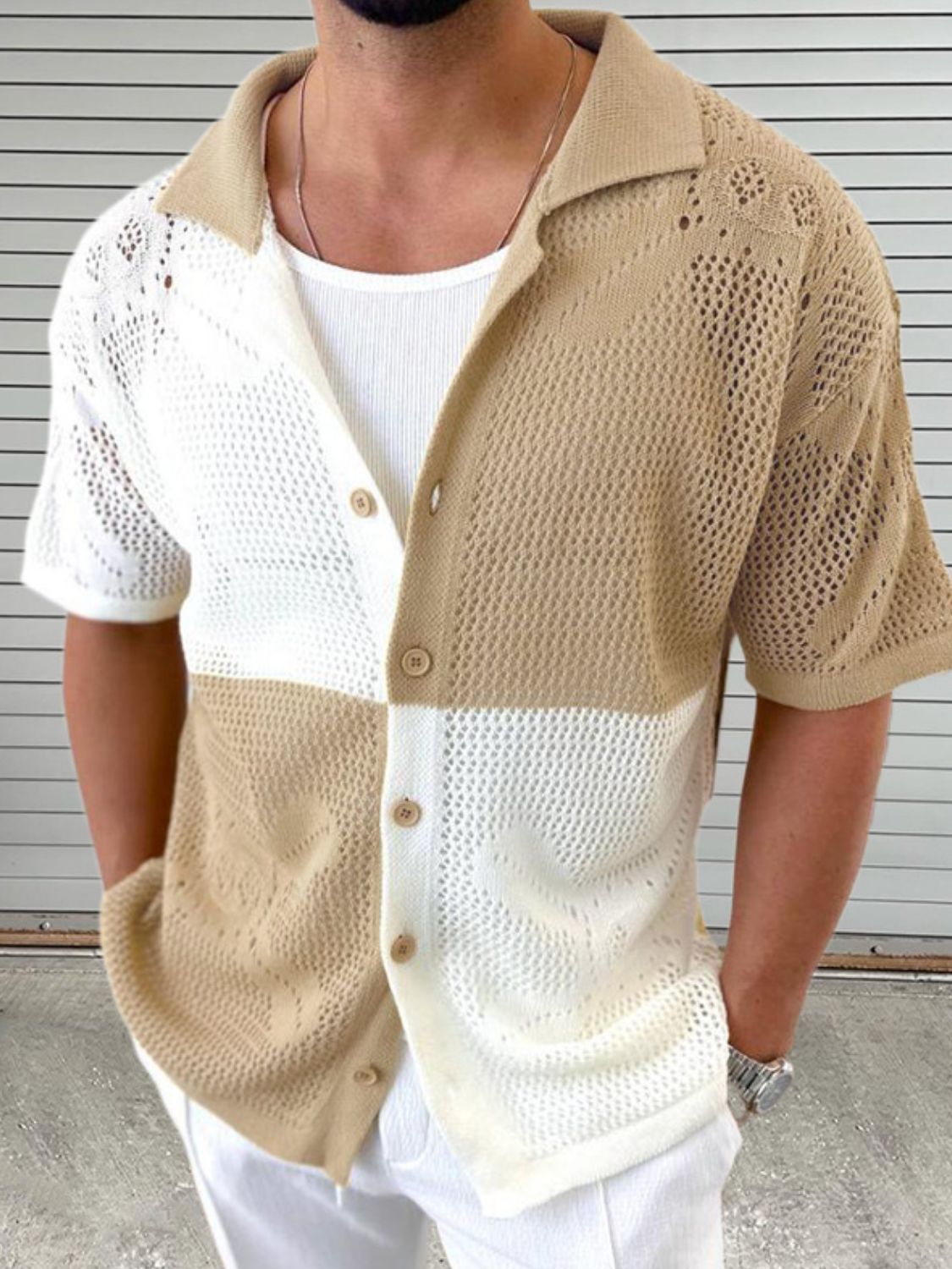 Men's Contrast Button Down Hollow Out Shirt - Clothes For Her Online Store