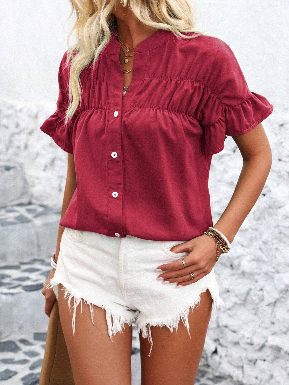 Button Down Ruffled Short Sleeve Shirt - Clothes For Her Online Store