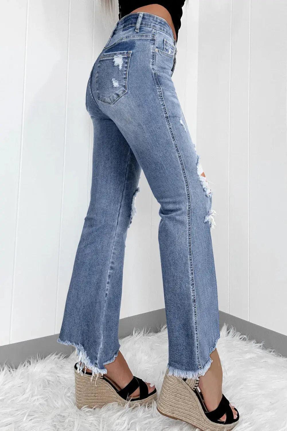 Distressed Raw Hem Bootcut Jeans - Clothes For Her Online Store