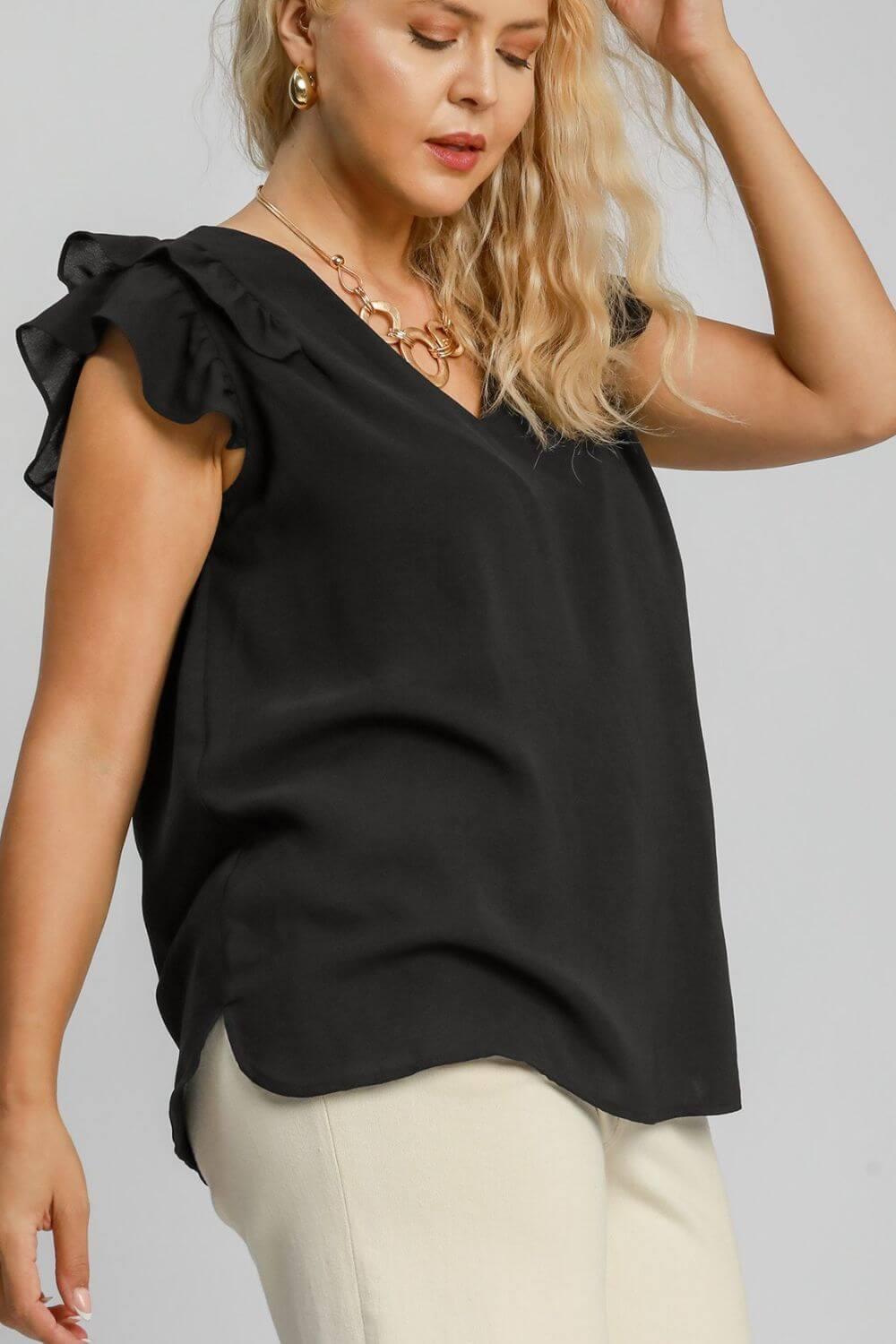 Umgee Full Size V-Neck Double Layered Ruffle Sleeve Blouse Plus Size - Clothes For Her Online Store