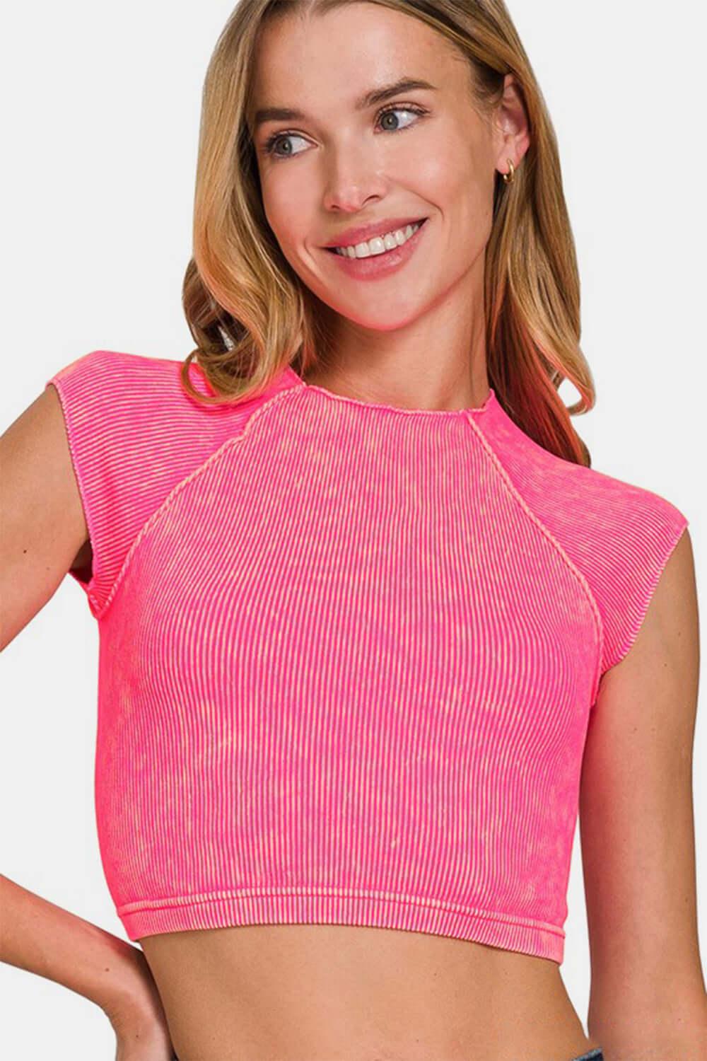 Zenana Ribbed Round Neck Cropped Top - Clothes For Her Online Store
