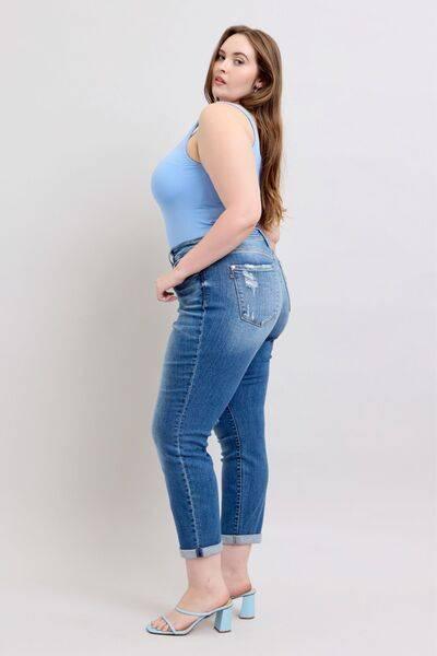 Judy Blue Full Size Button Fly Distressed Jeans with Pockets Plus Size - Clothes For Her Online Store