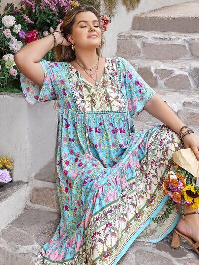 Plus Size Printed Tie Neck Flutter Sleeve Maxi Dress - Clothes For Her Online Store