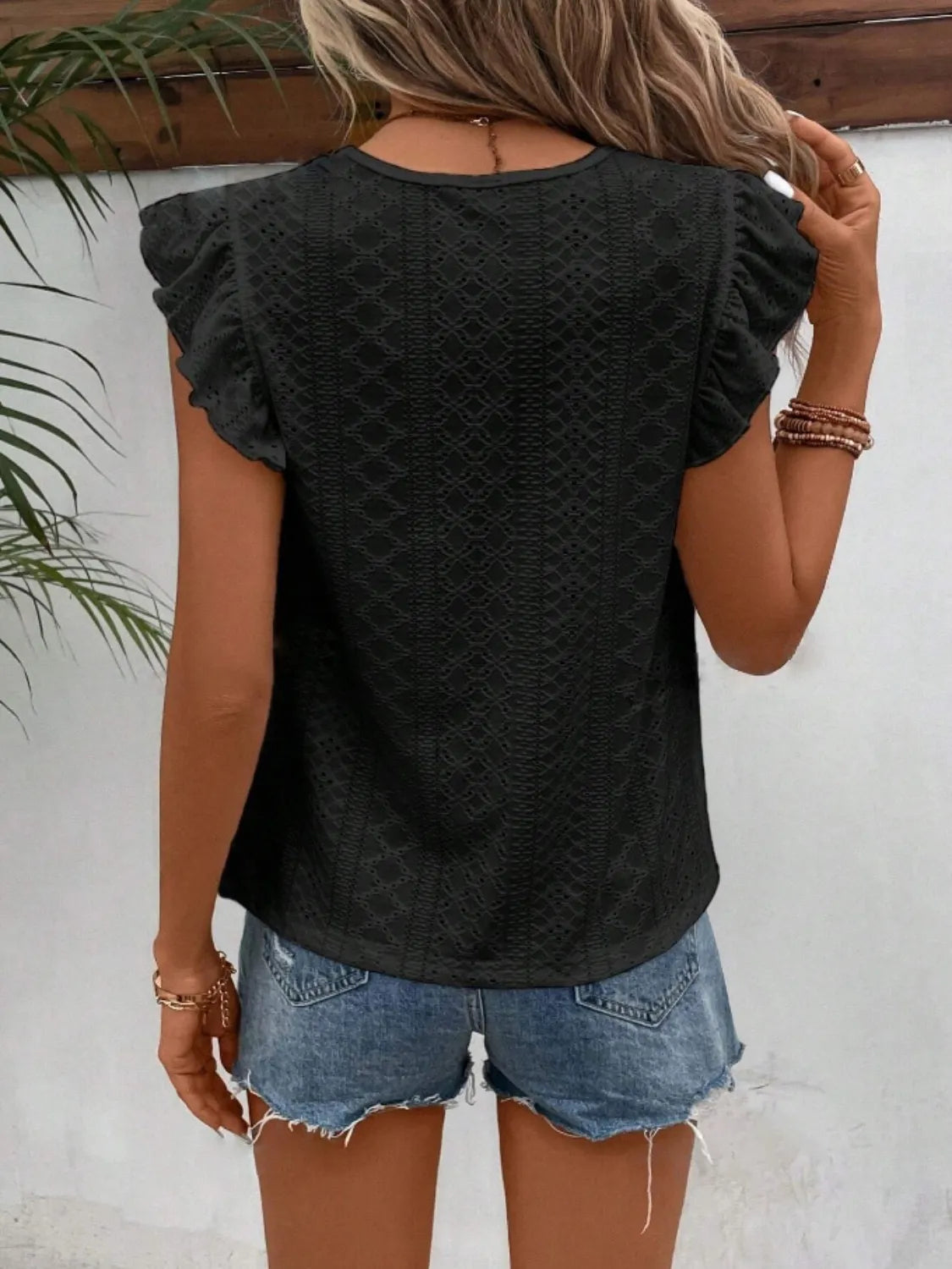Eyelet Round Neck Cap Sleeve Top