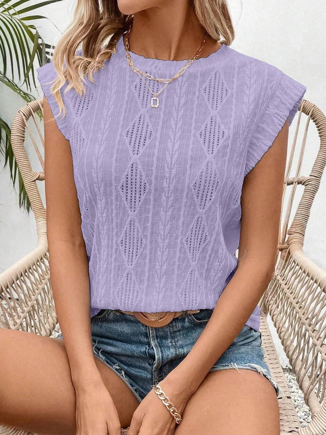 Eyelet Round Neck Cap Sleeve Top - Clothes For Her Online Store