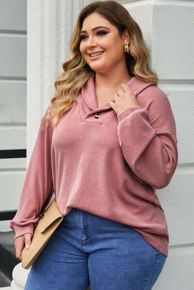 Plus Size Dropped Shoulder Collared Neck T-Shirt - Clothes For Her Online Store