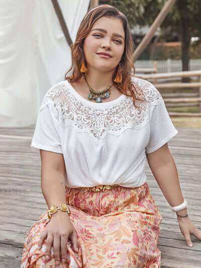 Plus Size Lace Detail Round Neck Short Sleeve Top - Clothes For Her Online Store