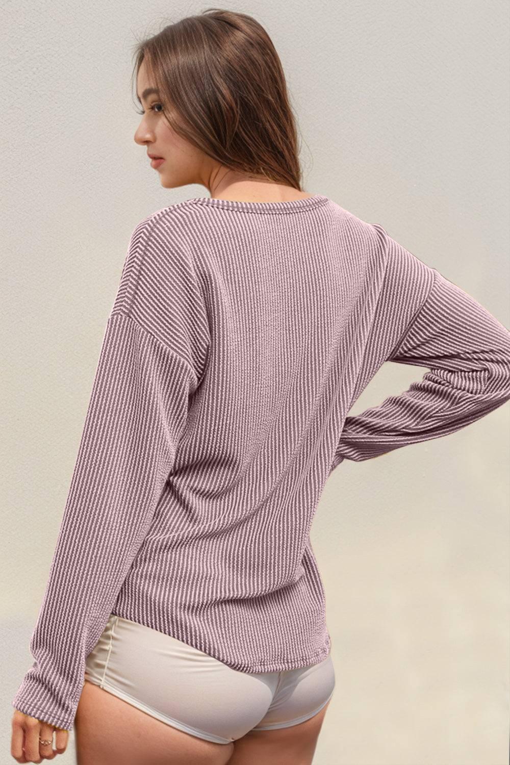 Double Take Striped Notched Long Sleeve T-Shirt - Clothes For Her Online Store